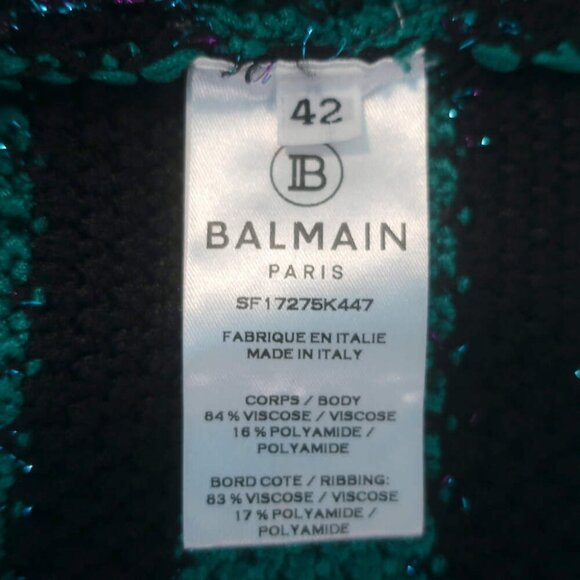 Balmain Sequin-Embellished Striped Distressed Knit Cardigan Green/Black Size 42 - Picture 8 of 9